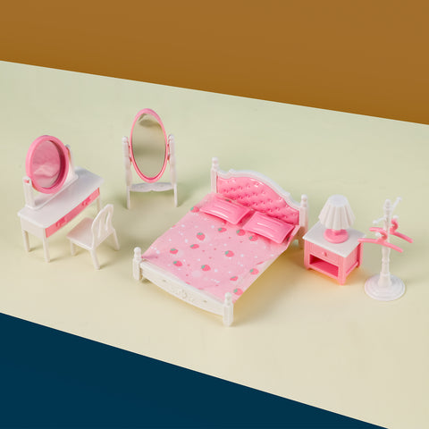 E-TING 12psc Miniature Dollhouse Furniture Bedroom Décor Accessories - Bed with Pillow,Mirror,Dresser,Nightstand with Table Lamp,Coat Racks with Hanger for 3-Inch and 2.25-inch Figure Town Series