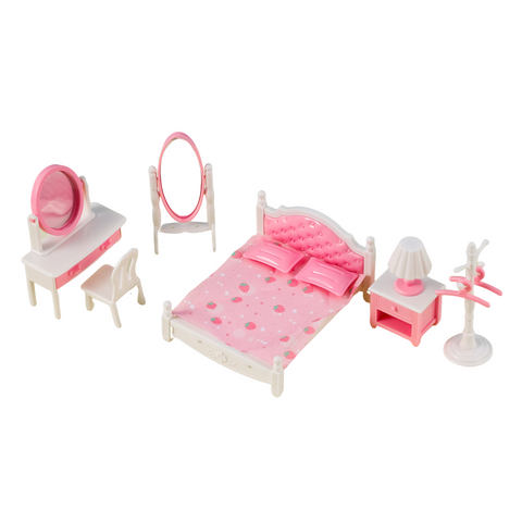 E-TING 12psc Miniature Dollhouse Furniture Bedroom Décor Accessories - Bed with Pillow,Mirror,Dresser,Nightstand with Table Lamp,Coat Racks with Hanger for 3-Inch and 2.25-inch Figure Town Series