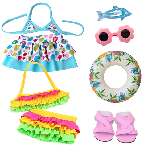 E-TING 8Pcs 18 Inch Doll Beach Bikini Swimsuit Clothes and Swim Ring Flat Sandals Sunglasses Hairclip Swimming Play Sets for 18 Inch Girl Doll