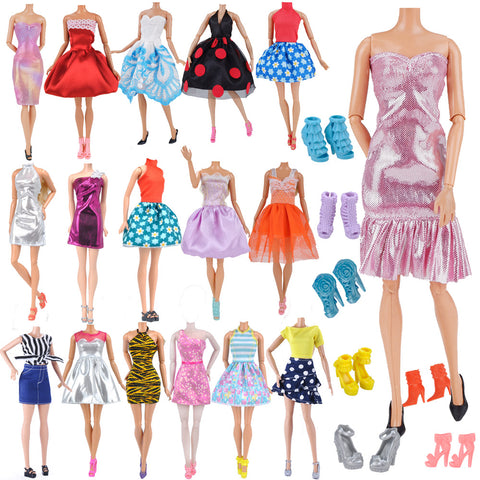 E-TING Lot 15pcs = 5 Sets Fashion Handmade Short Skirt Mini Dress with 10 Pairs Shoes for 11.5-inch Girl Doll Random Style - E-TING