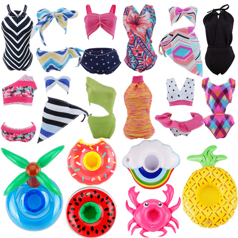 E-TING Fashionistas 11PCS Doll Clothing Pack, 3 Sets 11.5" Girl Dolls Swimsuits with 5 Pairs Shoes and 3-Pieces Cute Swimming Pool Float Raft Lilo Lifebuoy Random Style - E-TING