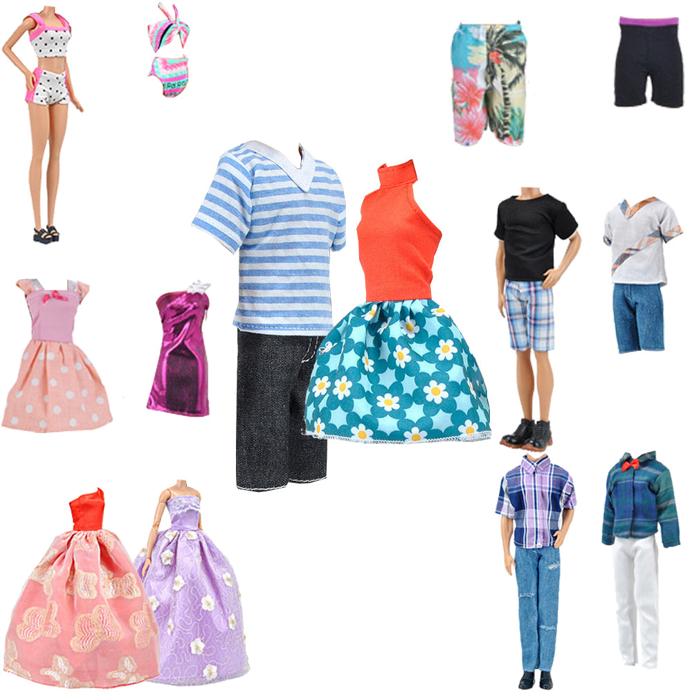 E-TING Lot 12 Items = Fashion Dress Swimsuit Casual Outfit Suit Couple Dating Clothing Accessories Shoes for Girl Boy Dolls Random Style (Casual Wear Clothes + Dress + Swimwear) - E-TING