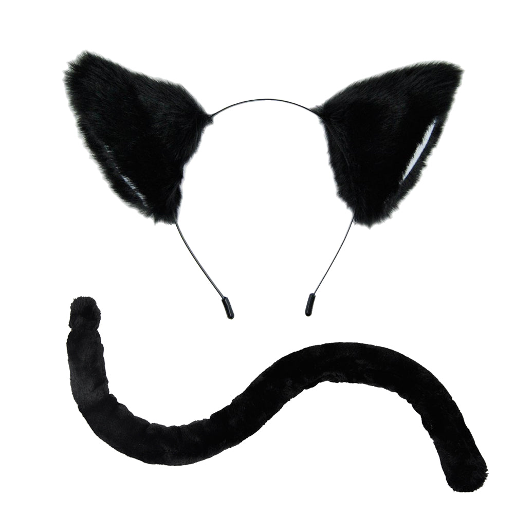 E-TING Cat Long Fur Ear Headband(Black with White Inside) + Black Cat Tail Anime Party Costume - E-TING