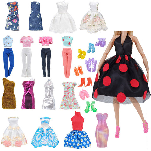 E-TING Lot 15 Items = 5 Sets Fashion Casual Wear Clothes/Outfit with 10 Pair Shoes for Girl Doll Random Style (Casual Wear Clothes + Short Skirt) - E-TING