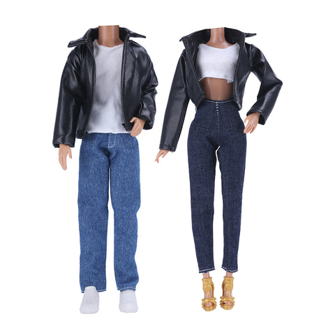 E-TING Leather Coat Suit Cool Wild Motorcycle Style Couple Clothes for 11.5″ Girl Dolls and 12″ Ken Doll - E-TING