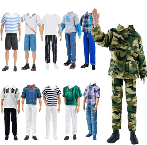 E-TING 10-Item Fantastic Pack = 5 Sets Fashion Casual Wear Clothes Outfit with 5 Pair Shoes for Boy Doll Random Style (Casual Wear Clothes + Military Uniform) - E-TING