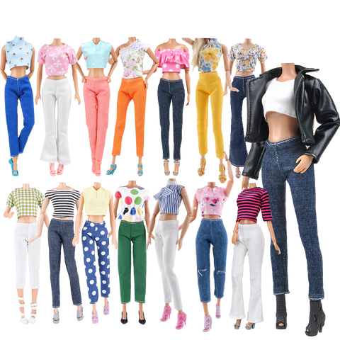 E-TING Lot 15 Items = 5 Sets Doll Clothes with 10 Pair Shoes Accessories for 11.5 Inch Girl Doll Outfits Random Style（Leather Jacket + Casual Wear Clothes） - E-TING