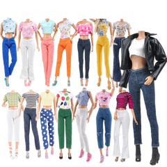 E-TING Lot 15 Items = 5 Sets Doll Clothes with 10 Pair Shoes Accessories for 11.5 Inch Girl Doll Outfits Random Style（Leather Jacket + Casual Wear Clothes） - E-TING