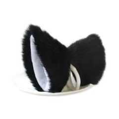 E-TING Cat Long Fur Ear Headband(Black with White Inside) + Black Cat Tail Anime Party Costume - E-TING