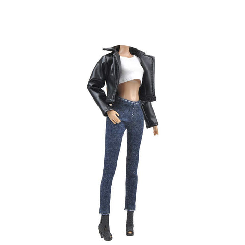 E-TING Leather Coat Suit Cool Wild Motorcycle Style Clothes for Girl Dolls (Biker Jacket+Sleeveless top+Jeans)(Doll & Shoes Not Included) - E-TING