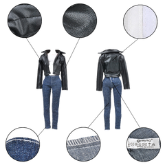 E-TING Leather Coat Suit Cool Wild Motorcycle Style Clothes for Girl Dolls (Biker Jacket+Sleeveless top+Jeans)(Doll & Shoes Not Included) - E-TING